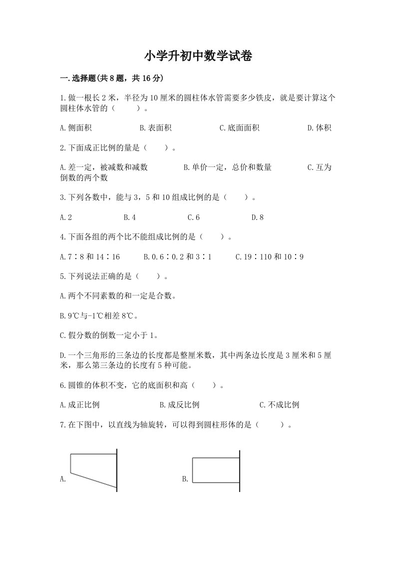 小学升初中数学试卷a4版可打印