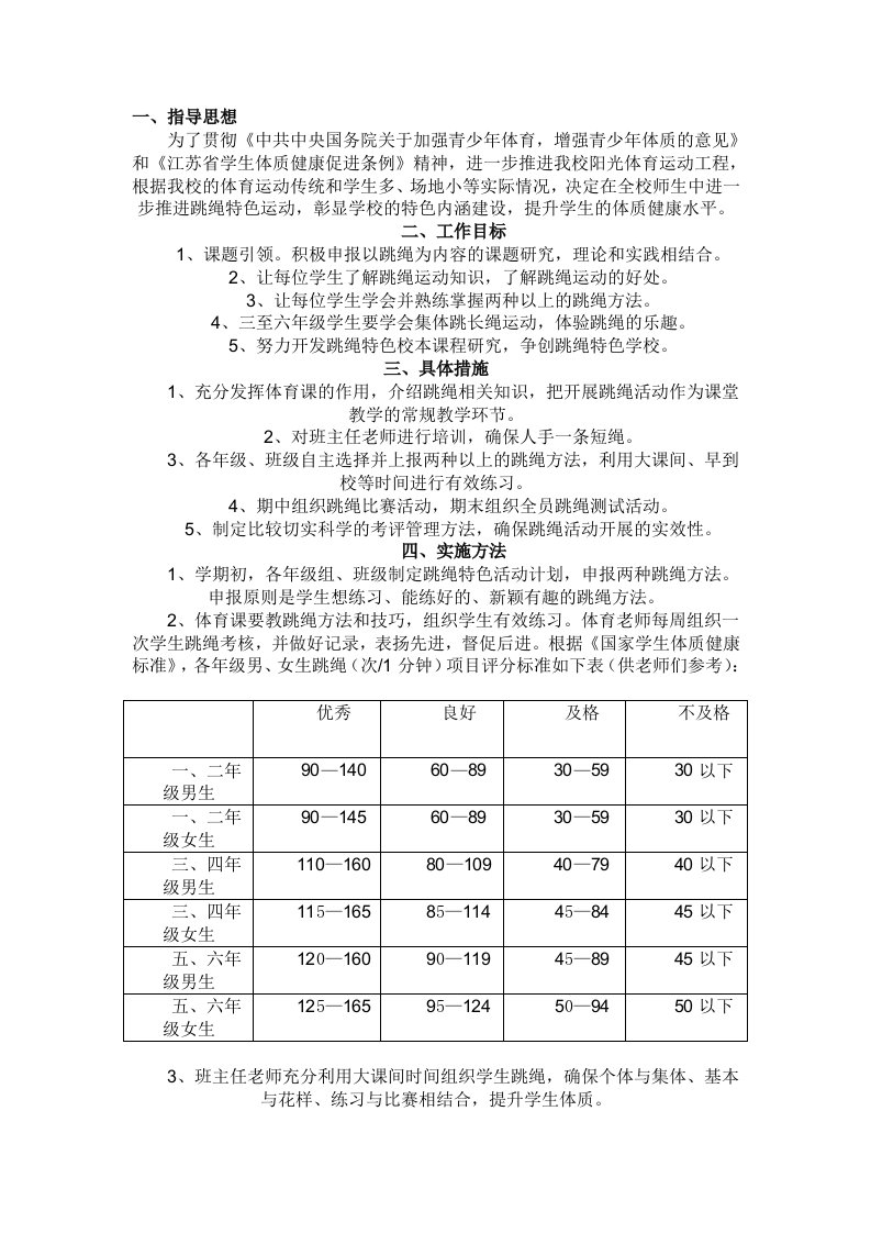 实验小学阳光体育特色活动项目跳绳活动方案