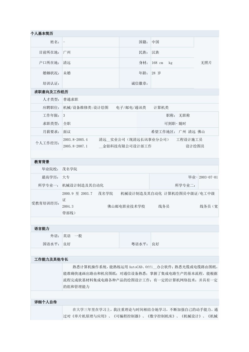 机械设计制造专业简历模板六