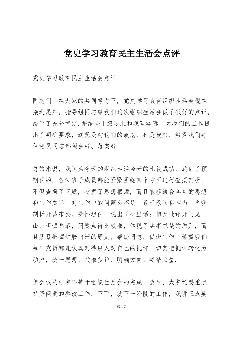 党史学习教育民主生活会点评