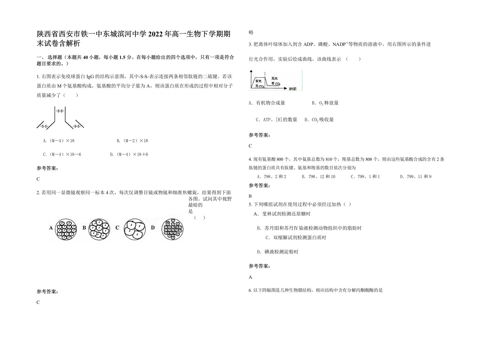 陕西省西安市铁一中东城滨河中学2022年高一生物下学期期末试卷含解析