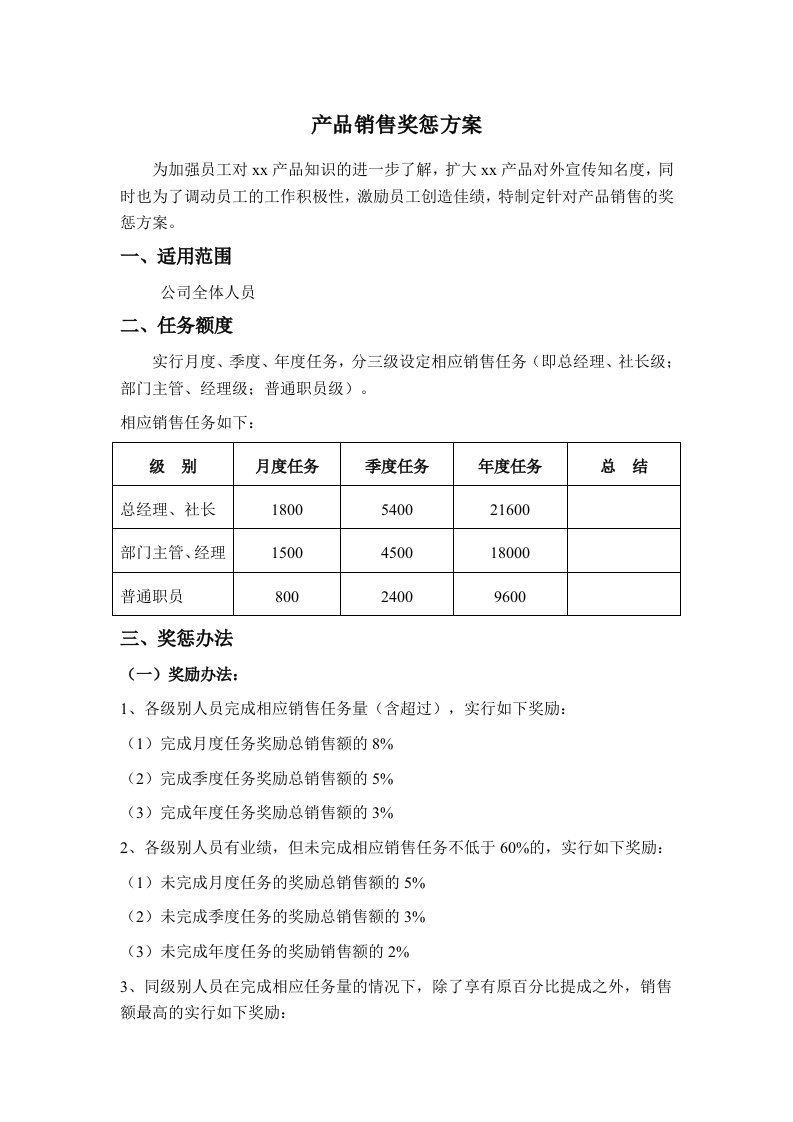 产品销售奖惩方案