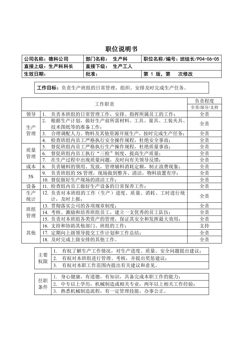 职位说明书生产班组长