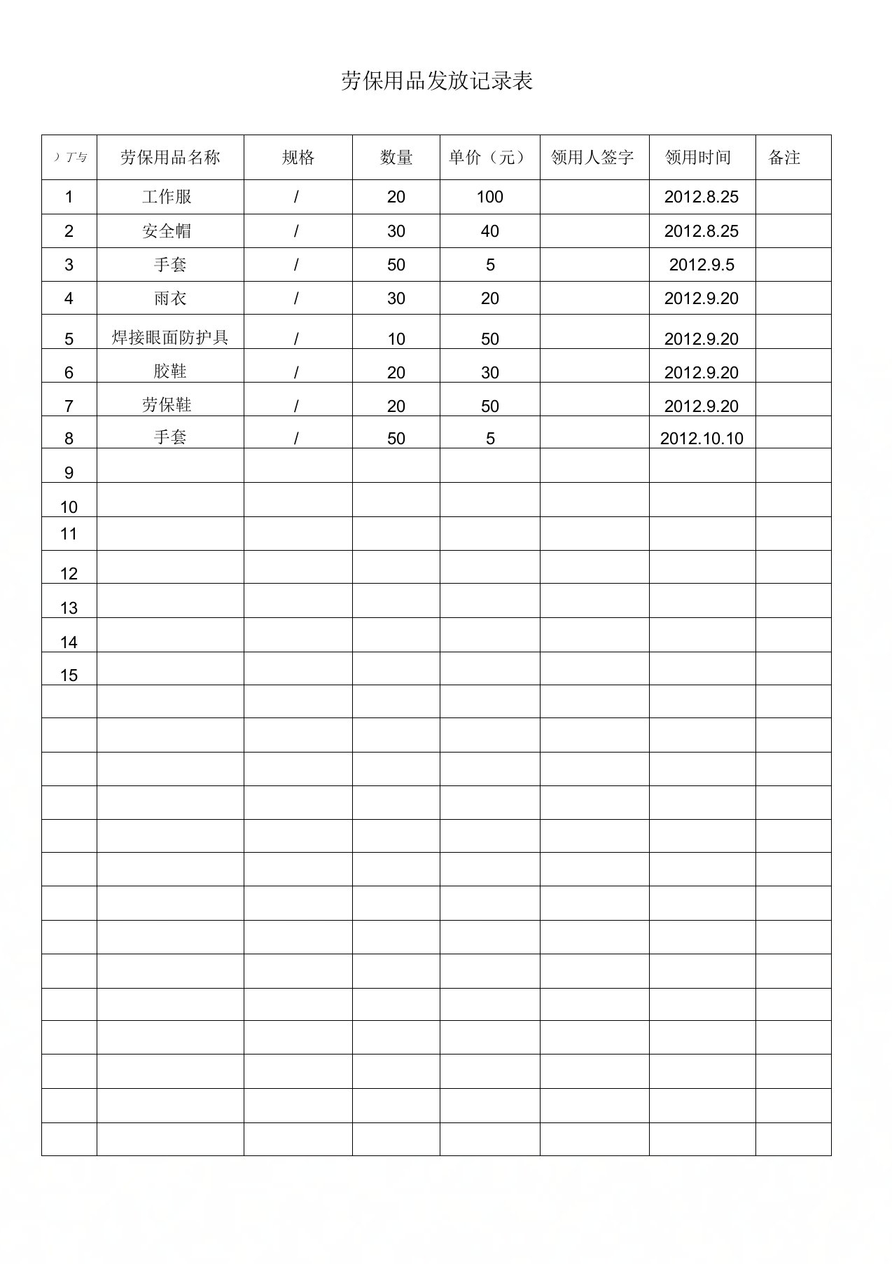 建筑工程劳保用品发放台账