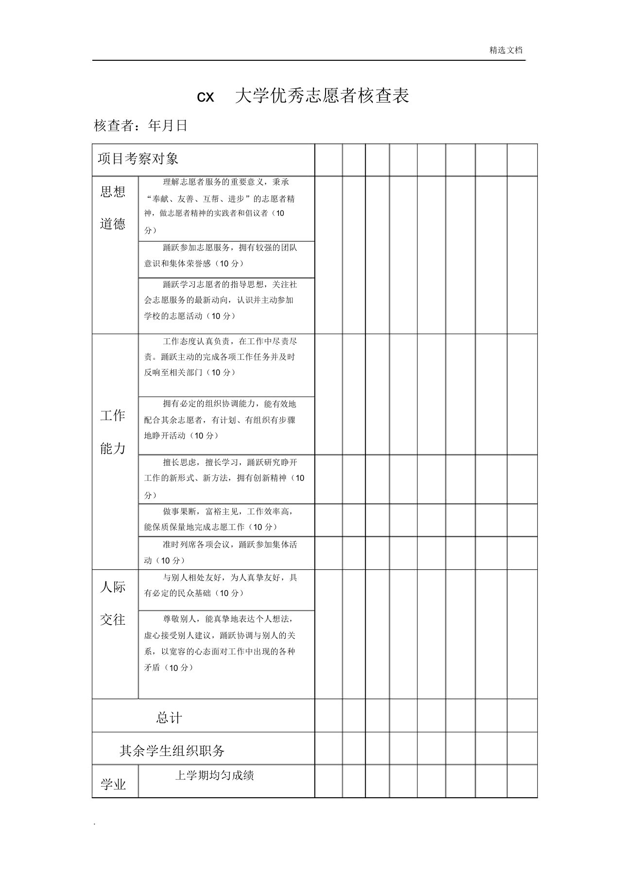 志愿者考核标准表