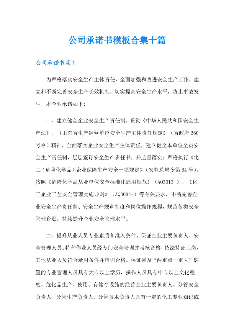 公司承诺书模板合集十篇