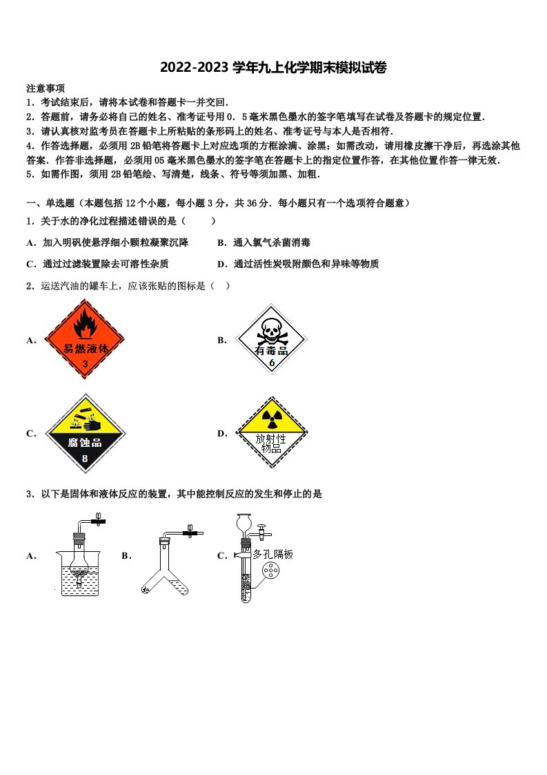 2022-2023学年安徽阜阳市化学九年级第一学期期末综合测试试题含解析