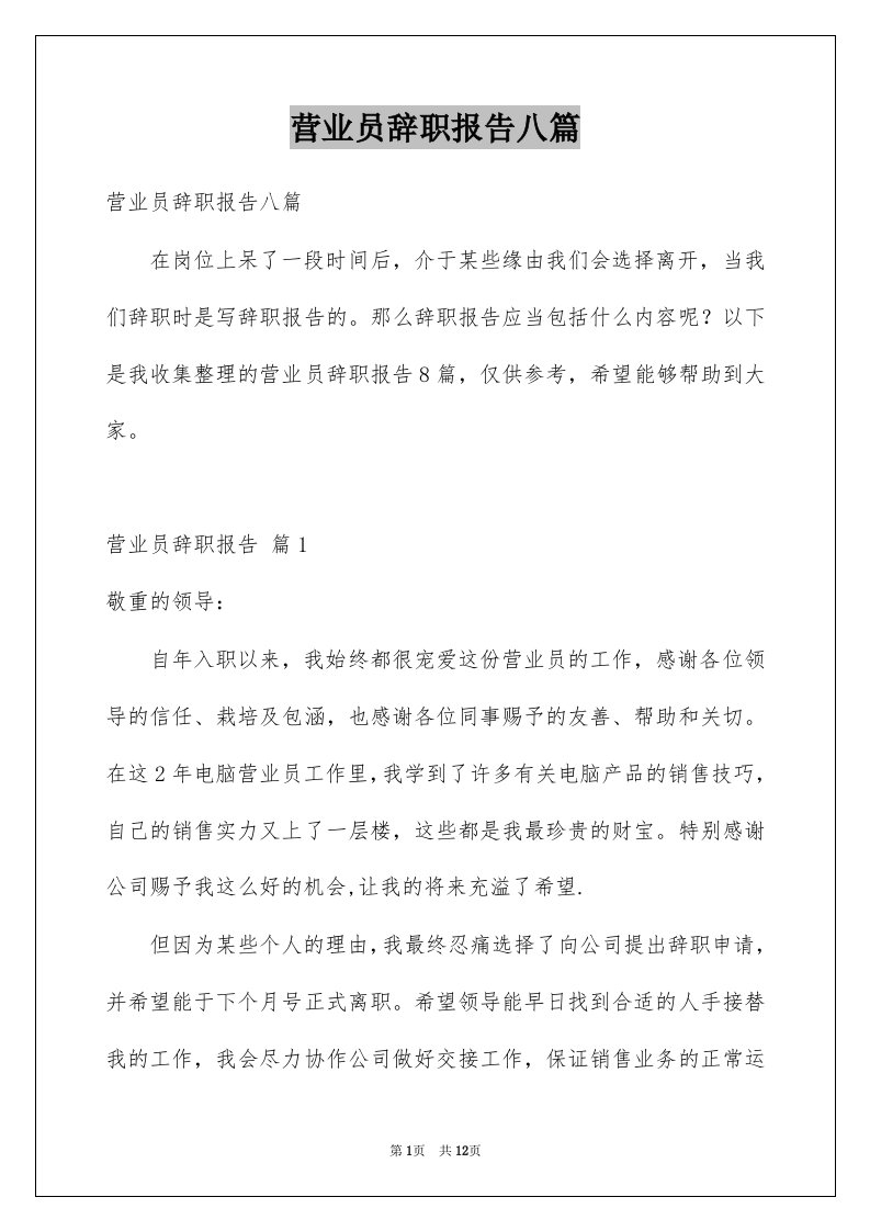 营业员辞职报告八篇