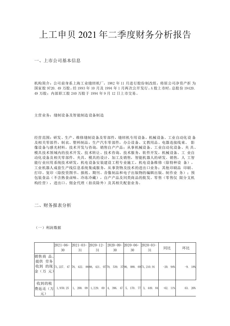 上工申贝2021年二季度财务分析报告