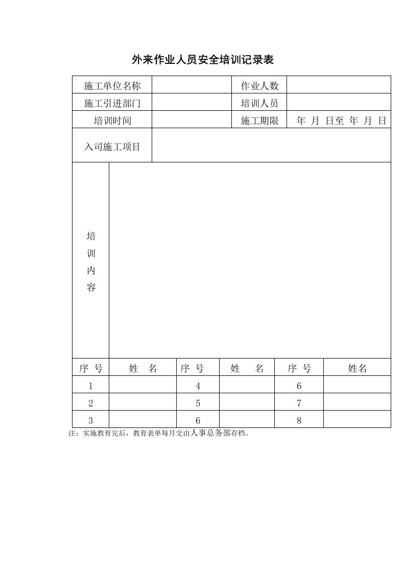 外来作业人员安全培训记录表