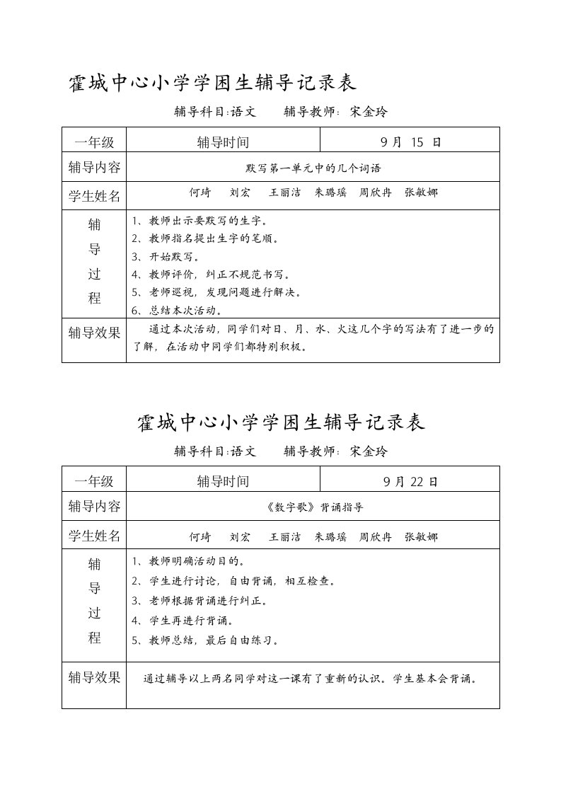 一年级语文学困生辅导记录表