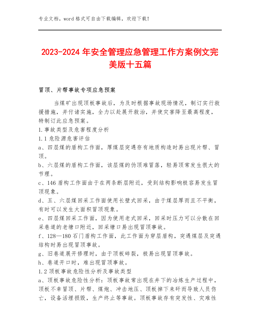 2023-2024年安全管理应急管理工作方案例文完美版十五篇