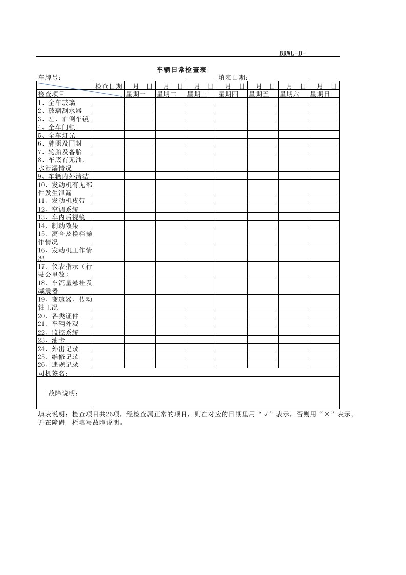 车辆日常检查表