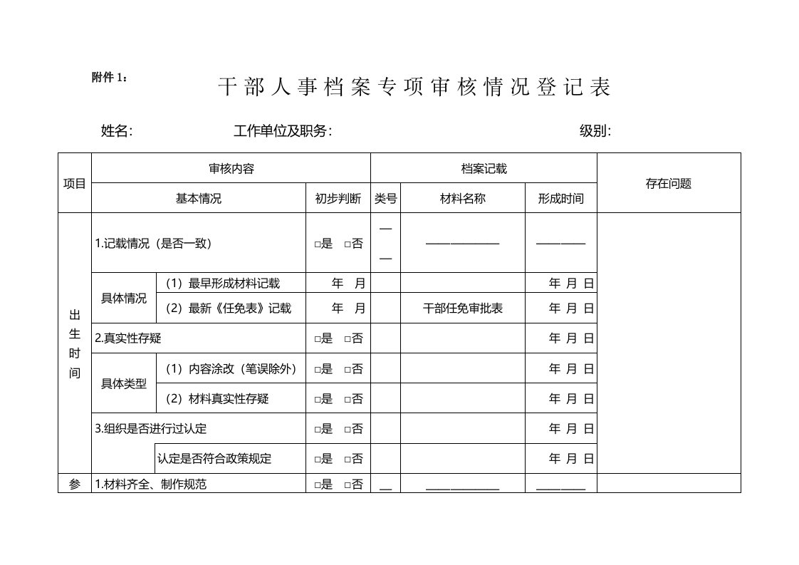 干部人事档案专项审核情况登记表模板