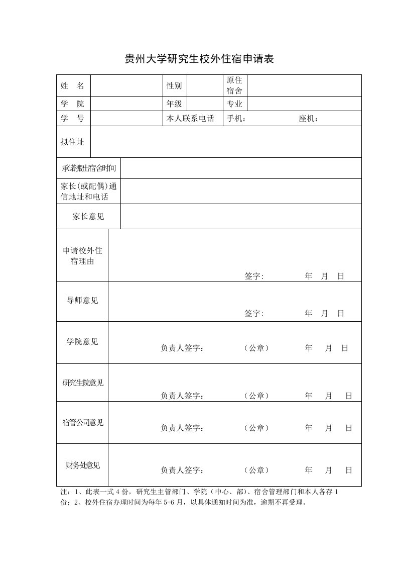 贵州大学研究生校外住宿申请表