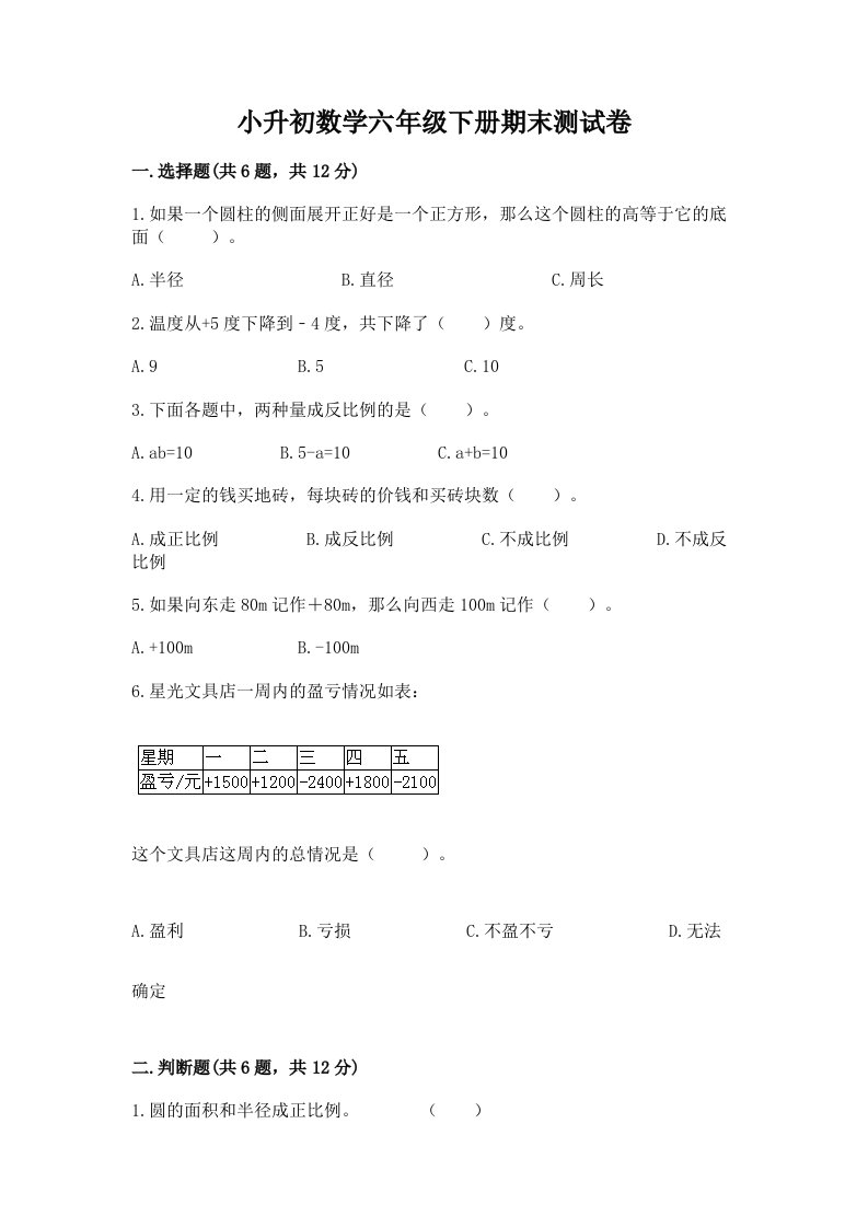 小升初数学六年级下册期末测试卷含完整答案（各地真题）