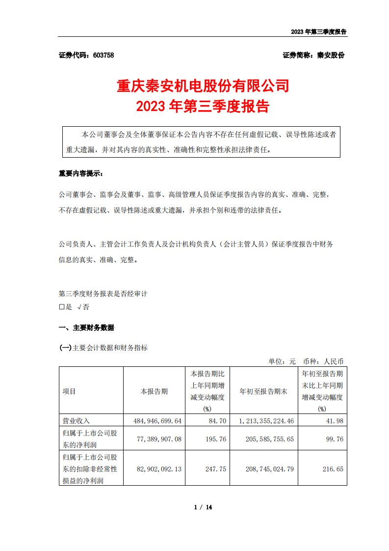 上交所-秦安股份2023年第三季度报告-20231027