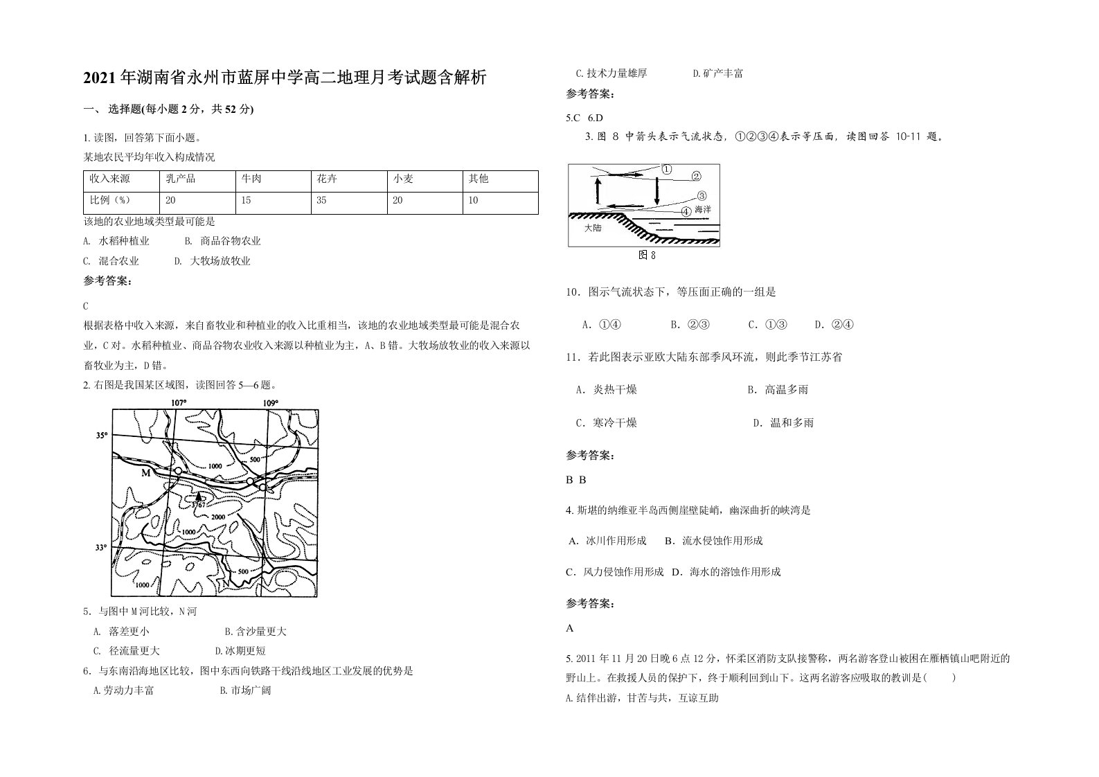 2021年湖南省永州市蓝屏中学高二地理月考试题含解析