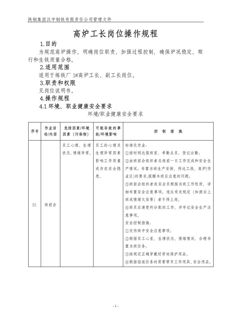 1高炉工长岗位操作规程