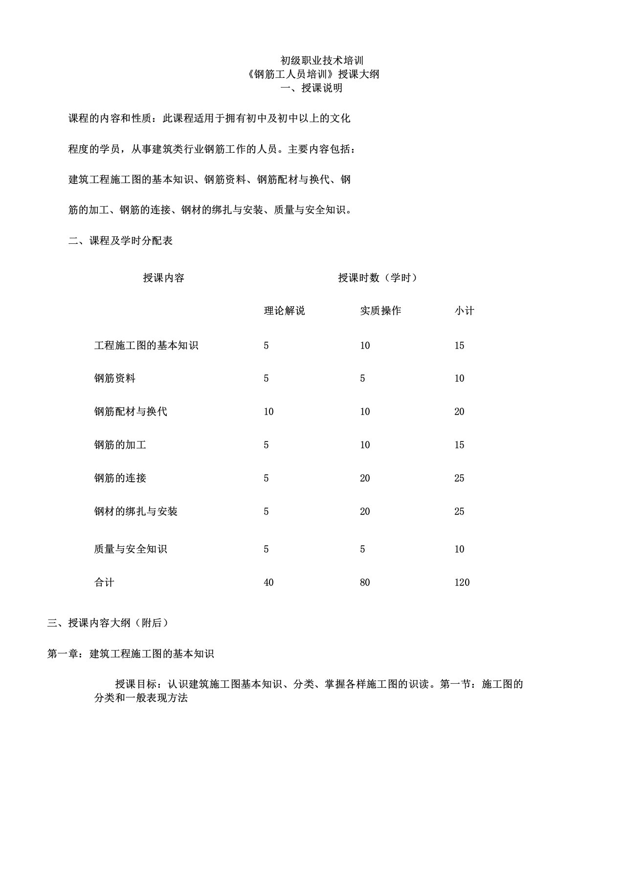 初级钢筋工教学大纲