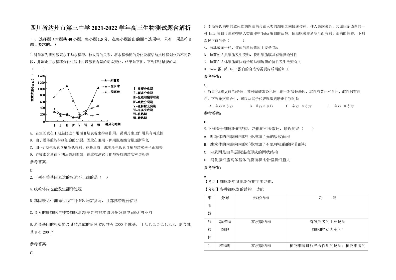 四川省达州市第三中学2021-2022学年高三生物测试题含解析