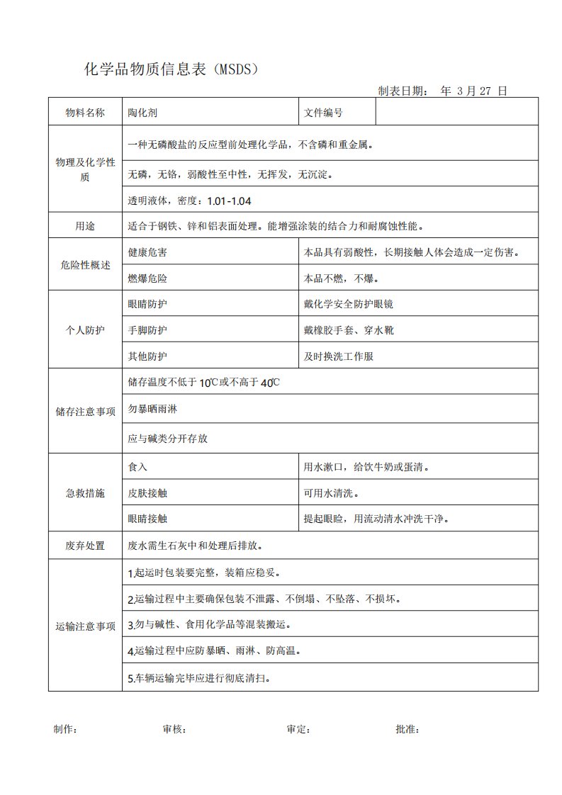 02J030152014陶化剂化学品物质信息表