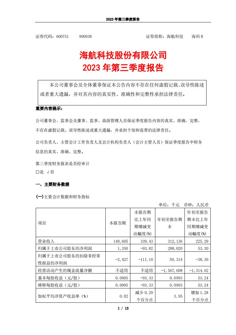 上交所-海航科技股份有限公司2023年第三季度报告-20231030