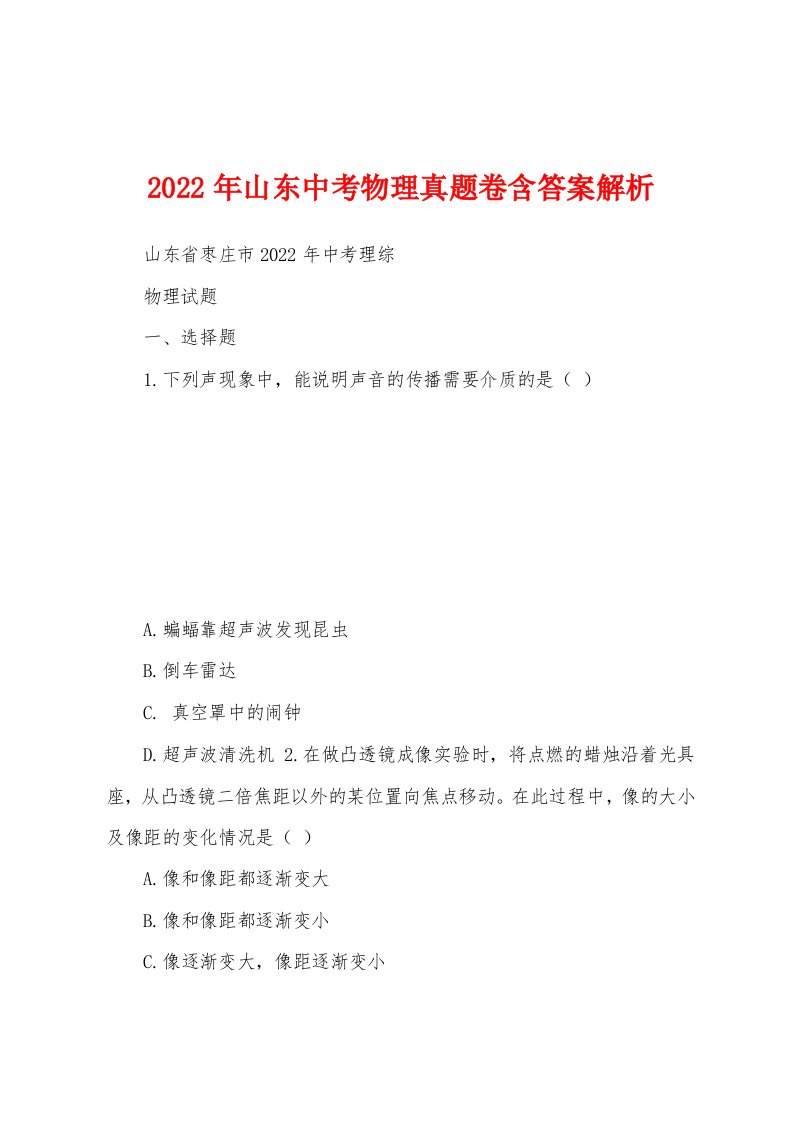 2022年山东中考物理真题卷含答案解析