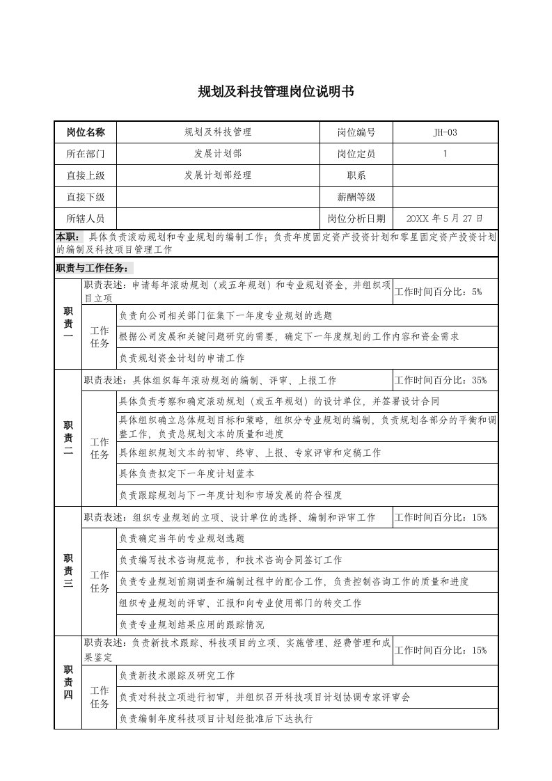 通信行业-通信行业发展计划部规划及科技管理岗位说明书