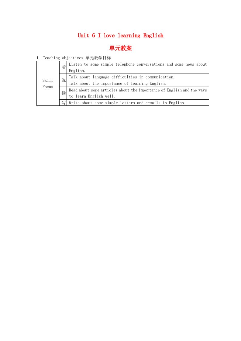 八年级英语上册Unit6IlovelearningEnglish单元教案冀教版