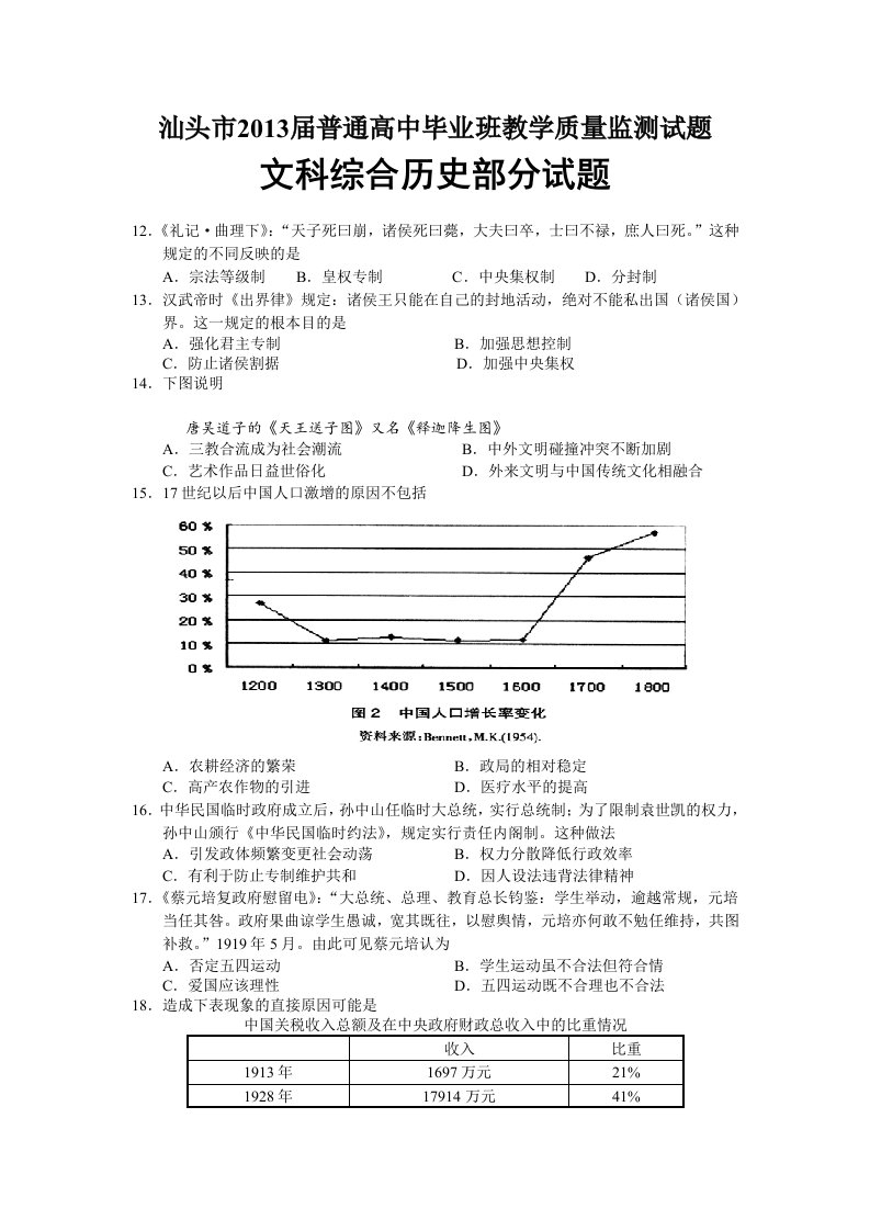 汕头市2013届普通高中毕业班教学质量监测试题