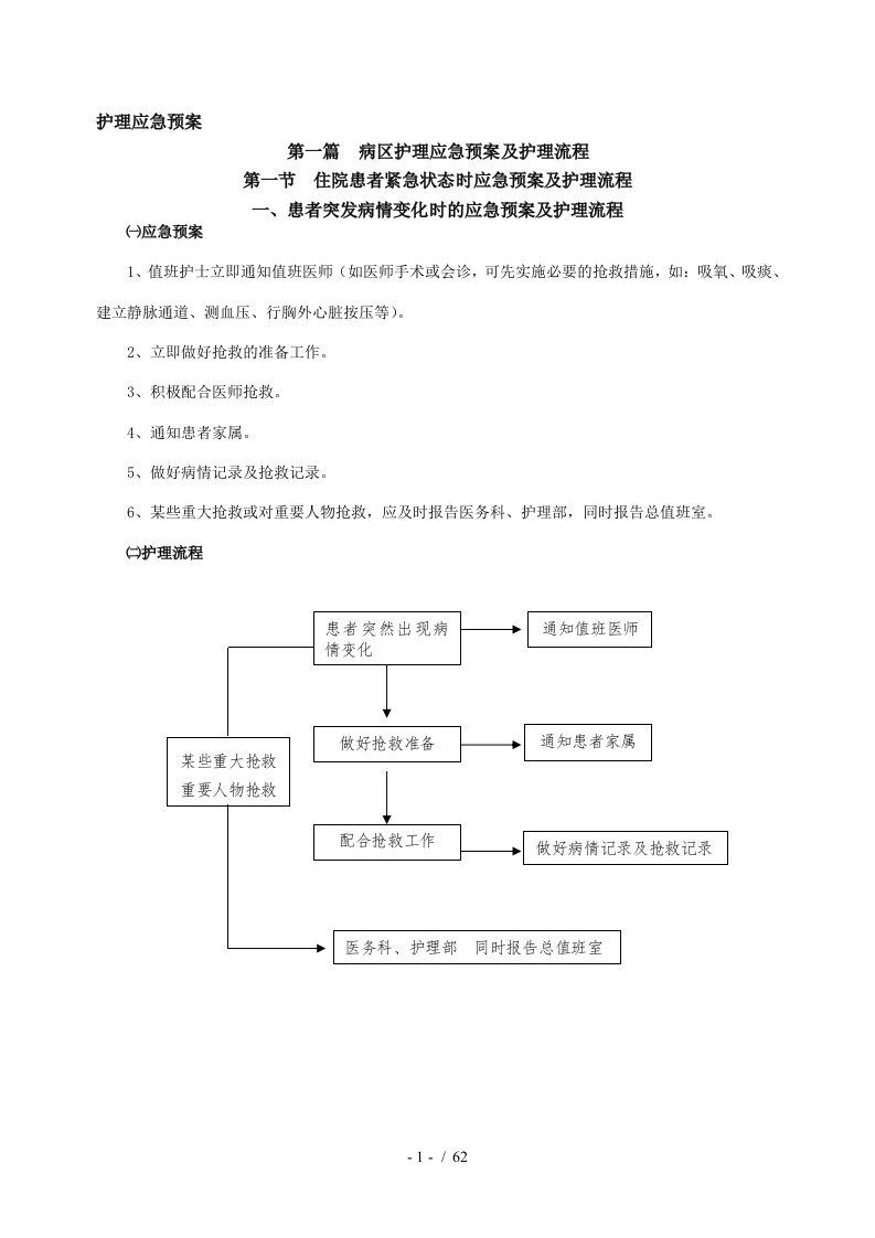 病区护理应急预案及护理流程