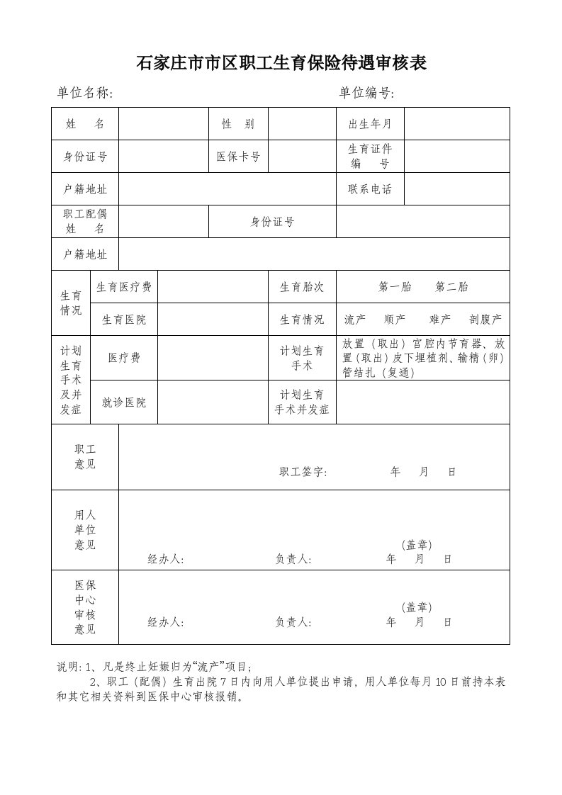 石家庄区职工生育保险待遇审核表