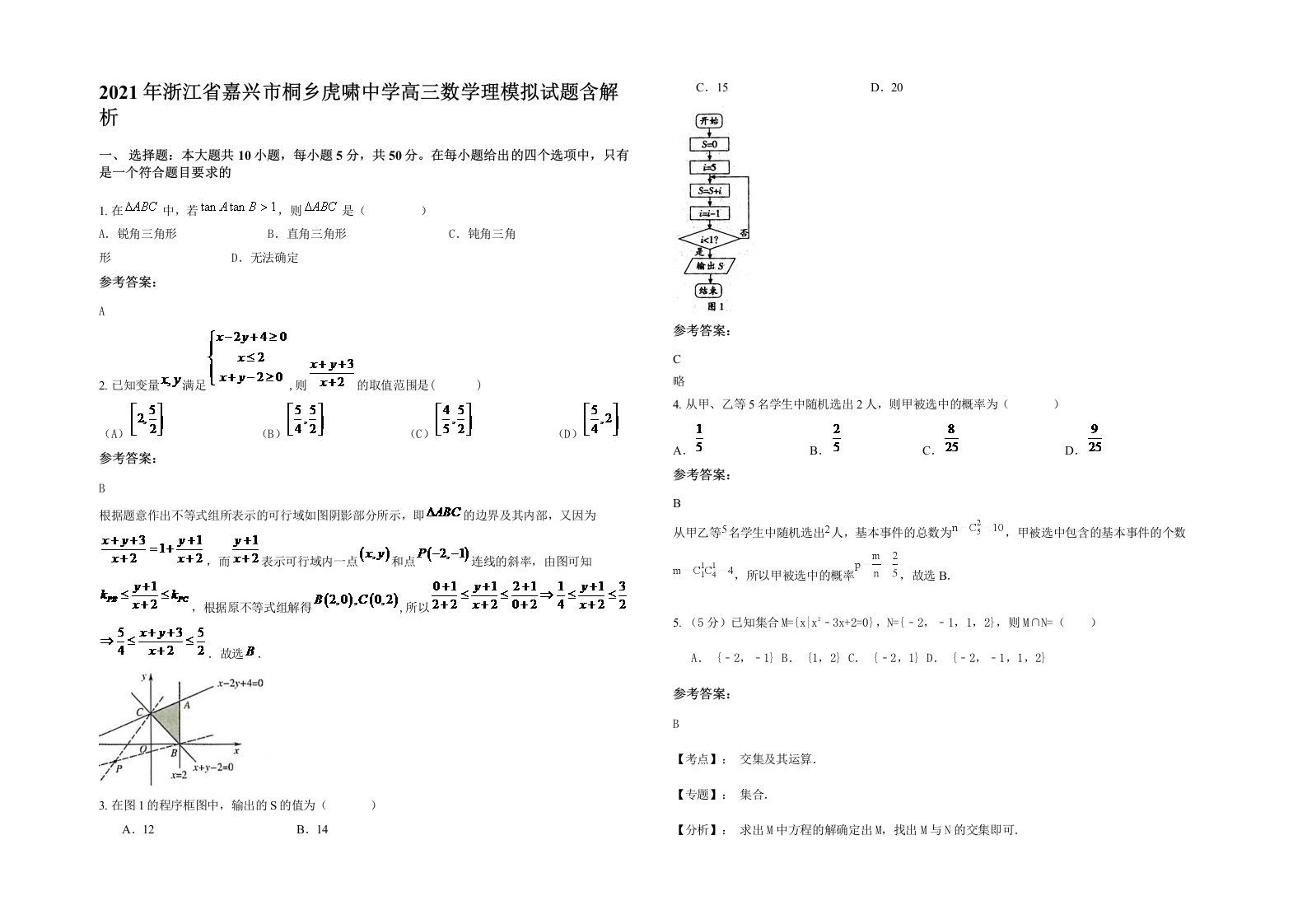 2021年浙江省嘉兴市桐乡虎啸中学高三数学理模拟试题含解析