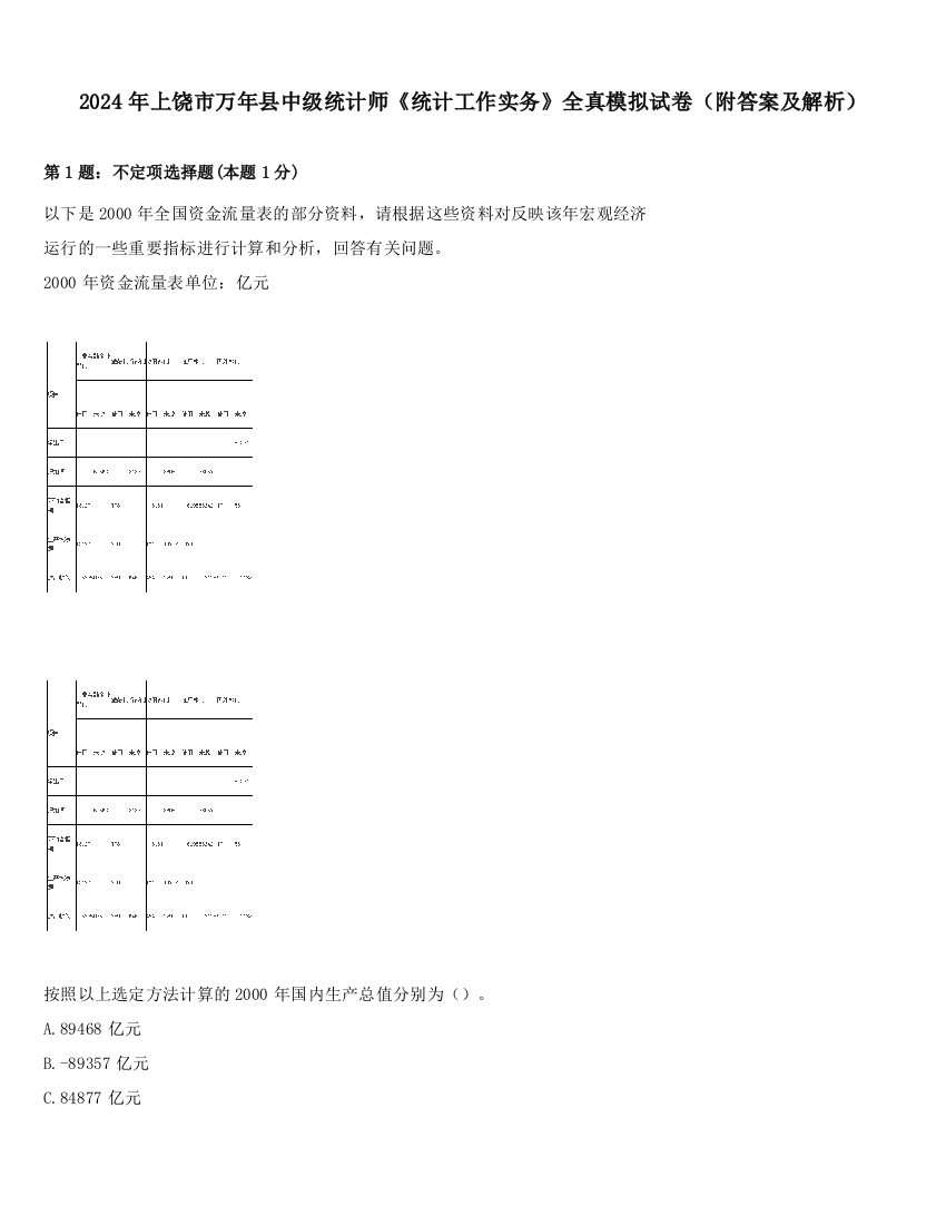 2024年上饶市万年县中级统计师《统计工作实务》全真模拟试卷（附答案及解析）