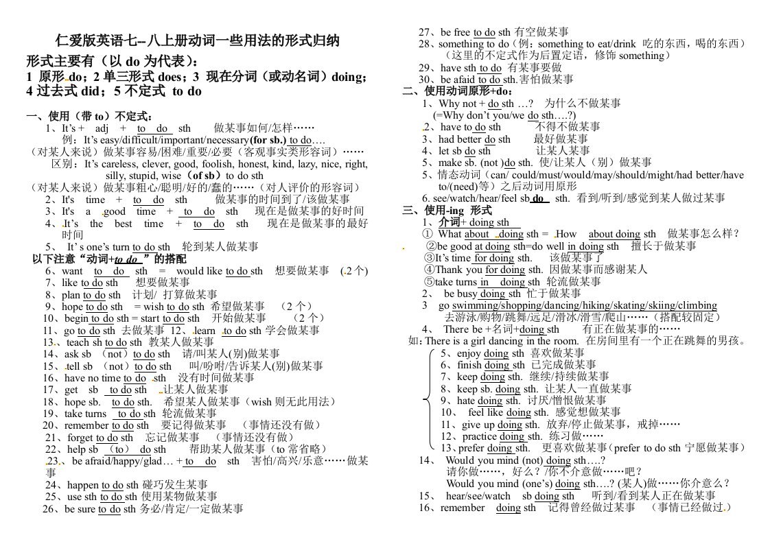 仁爱版八年级英语上册动词用法的形式归纳