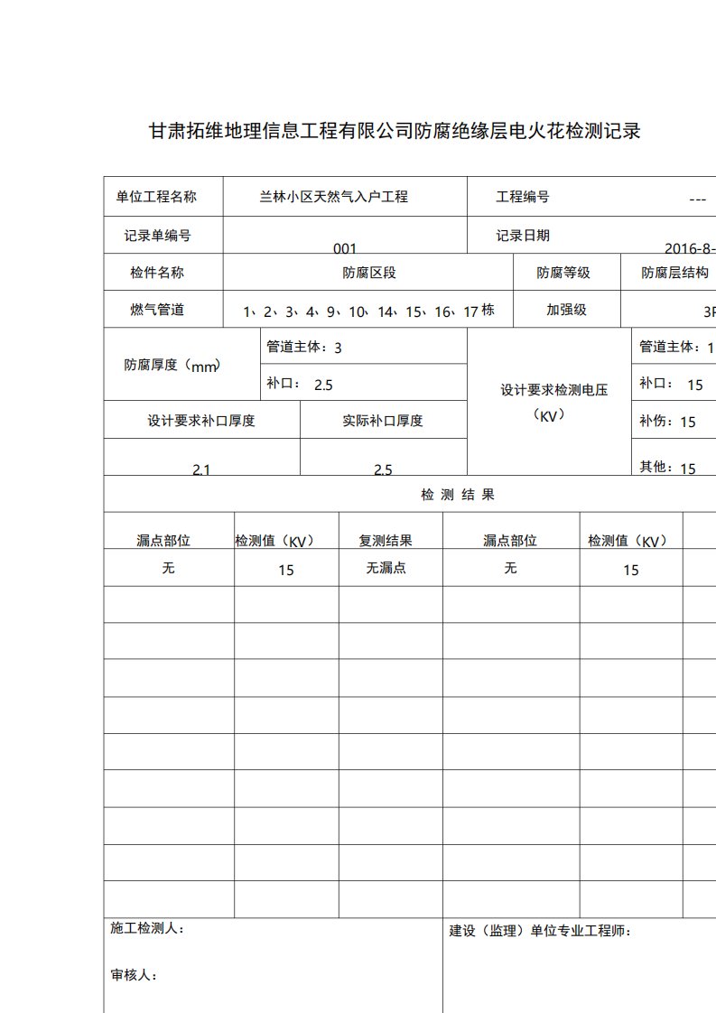 管道防腐绝缘层电火花检测记录