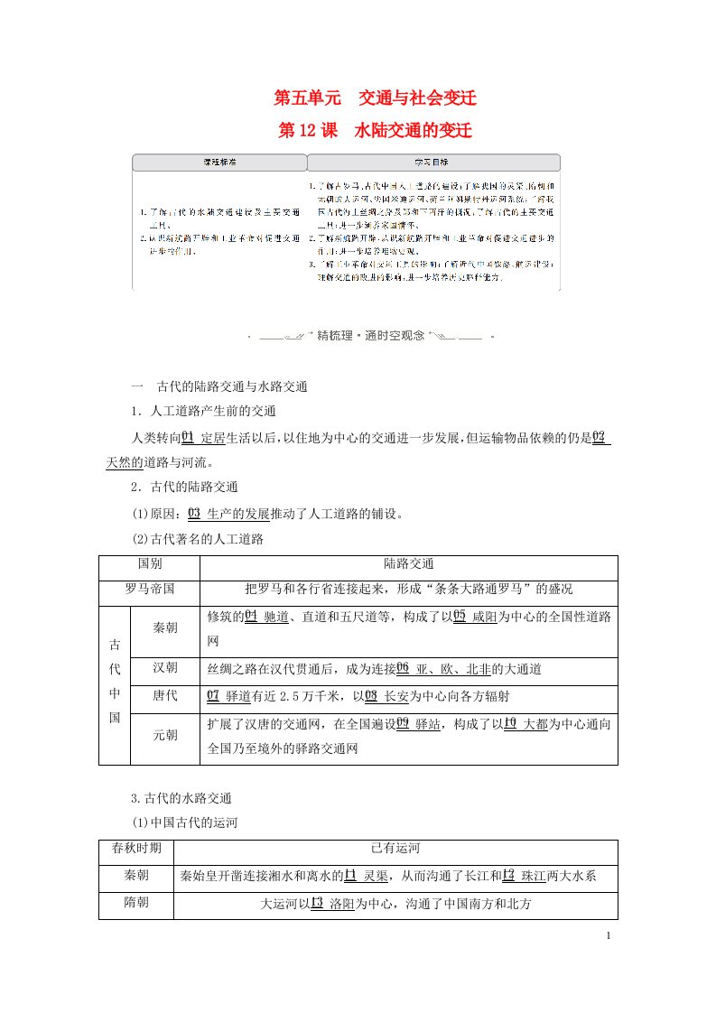 新教材高中历史第五单元交通与社会变迁第12课水陆交通的变迁导学案部编版选择性必修2