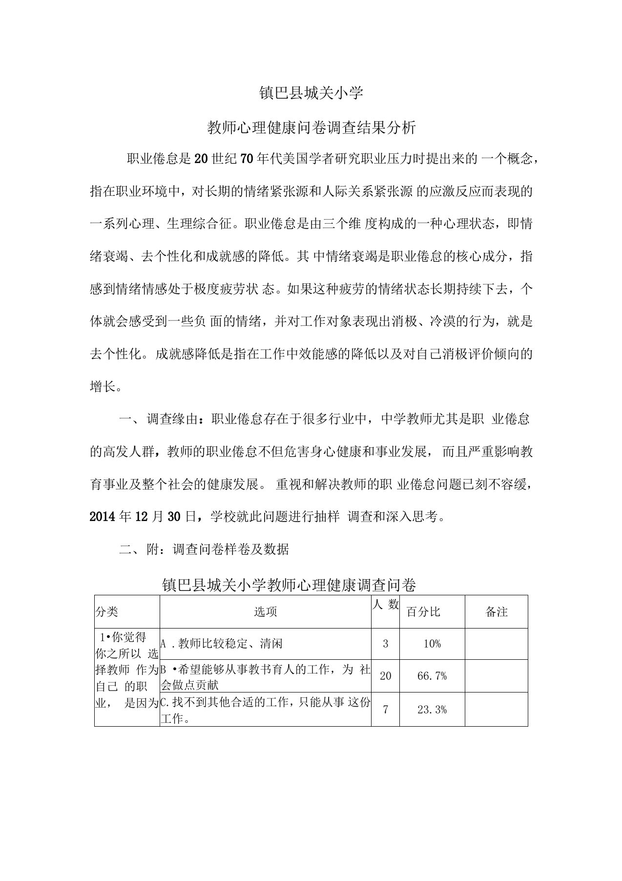 教师心理健康调查问卷分析