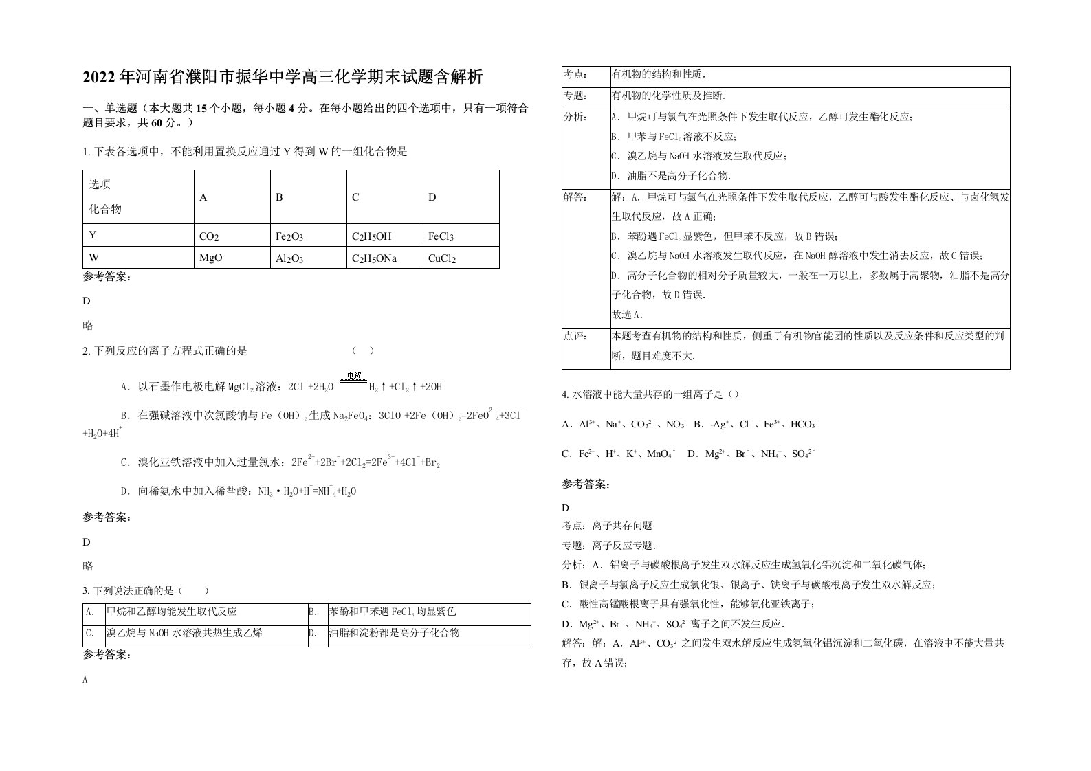 2022年河南省濮阳市振华中学高三化学期末试题含解析