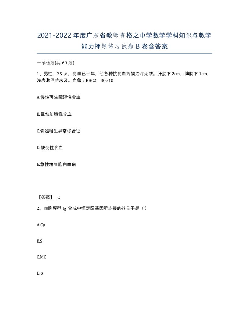 2021-2022年度广东省教师资格之中学数学学科知识与教学能力押题练习试题B卷含答案