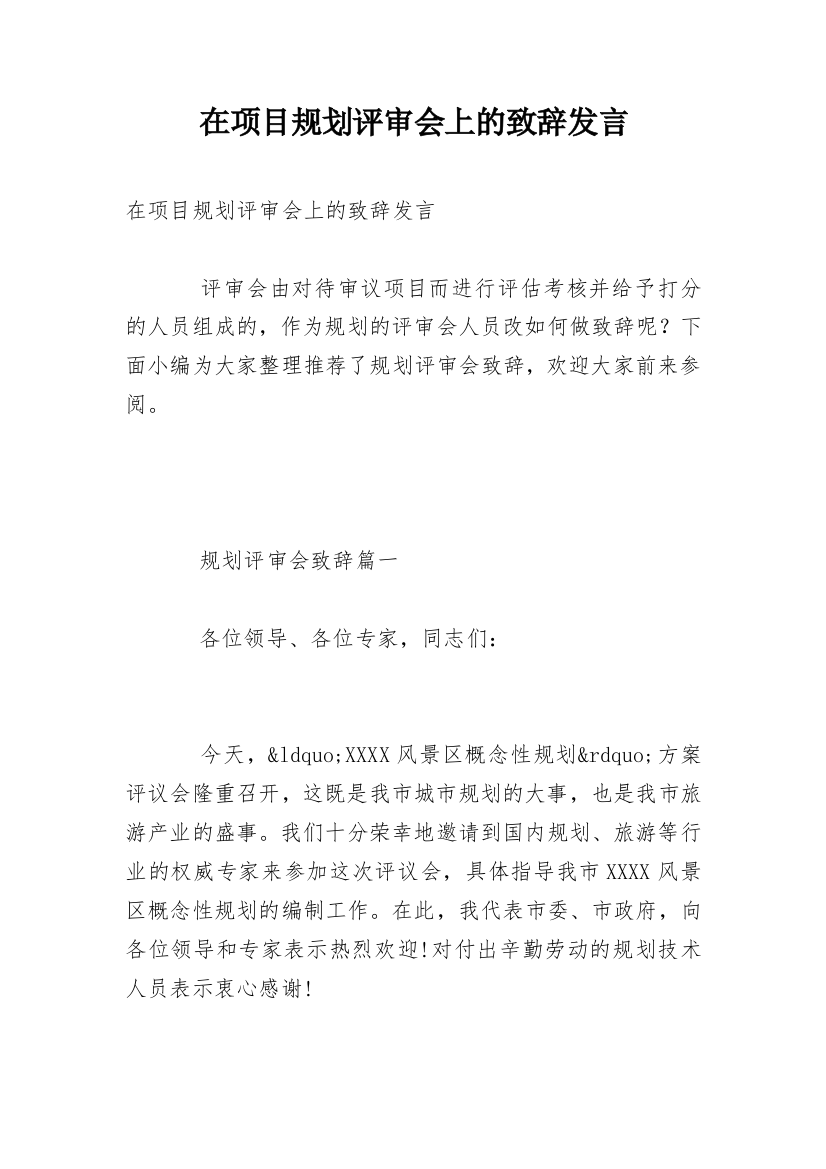 在项目规划评审会上的致辞发言