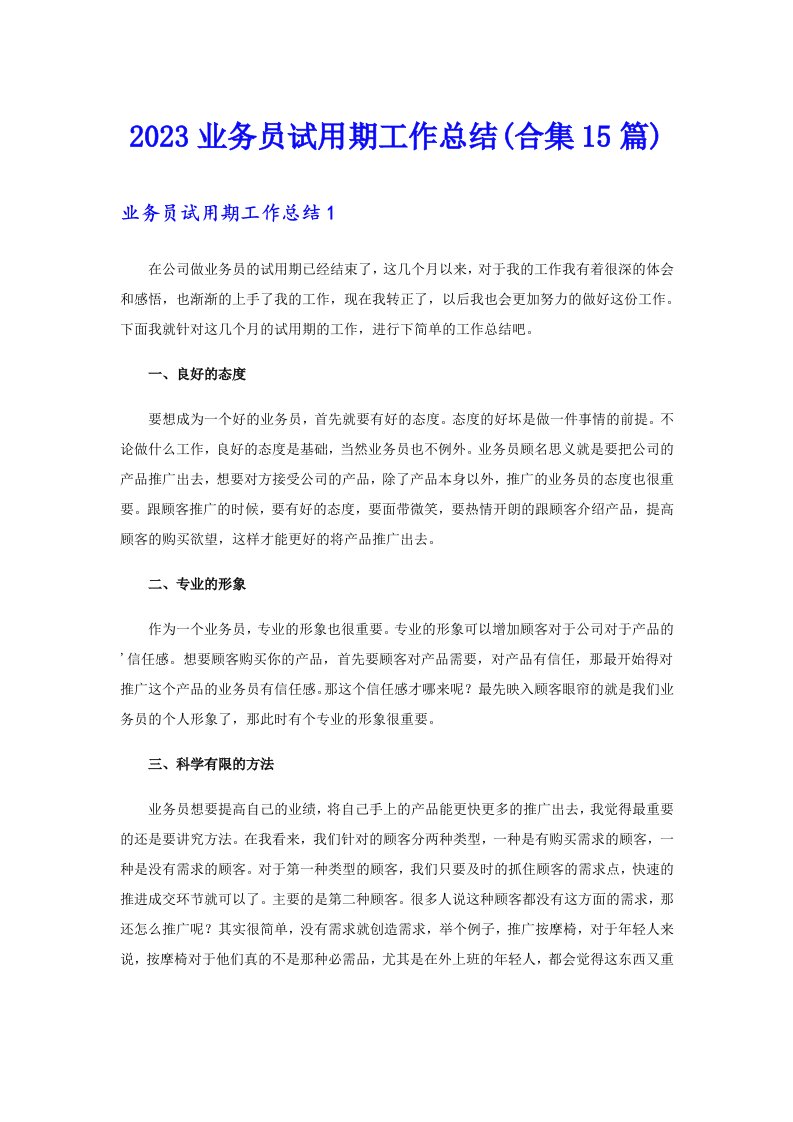 2023业务员试用期工作总结(合集15篇)