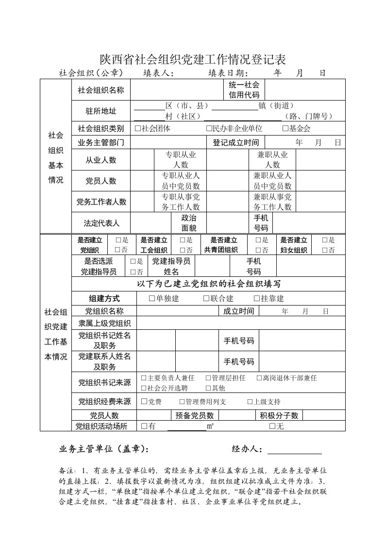 陕西省社会组织党建工作情况登记表