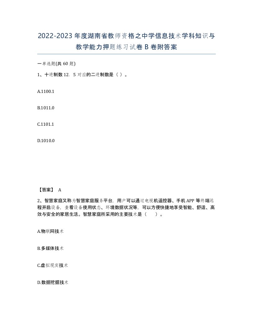 2022-2023年度湖南省教师资格之中学信息技术学科知识与教学能力押题练习试卷B卷附答案