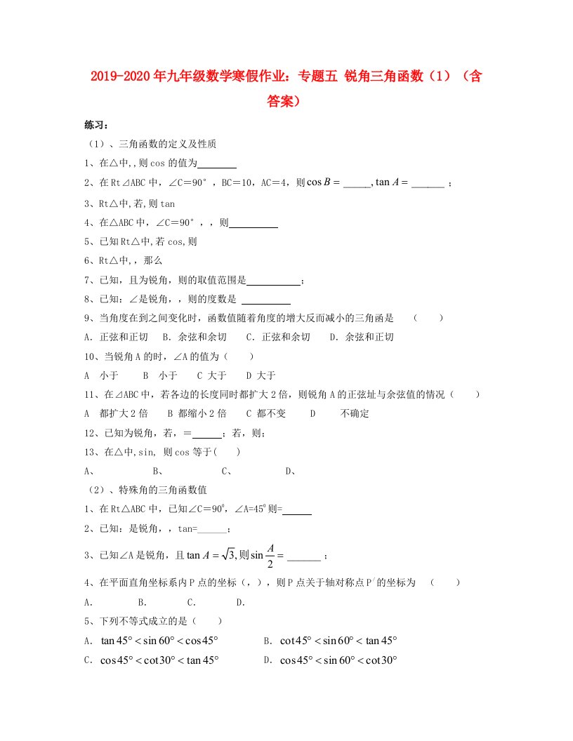 2019-2020年九年级数学寒假作业：专题五