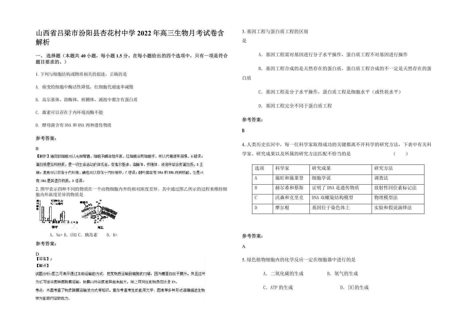 山西省吕梁市汾阳县杏花村中学2022年高三生物月考试卷含解析