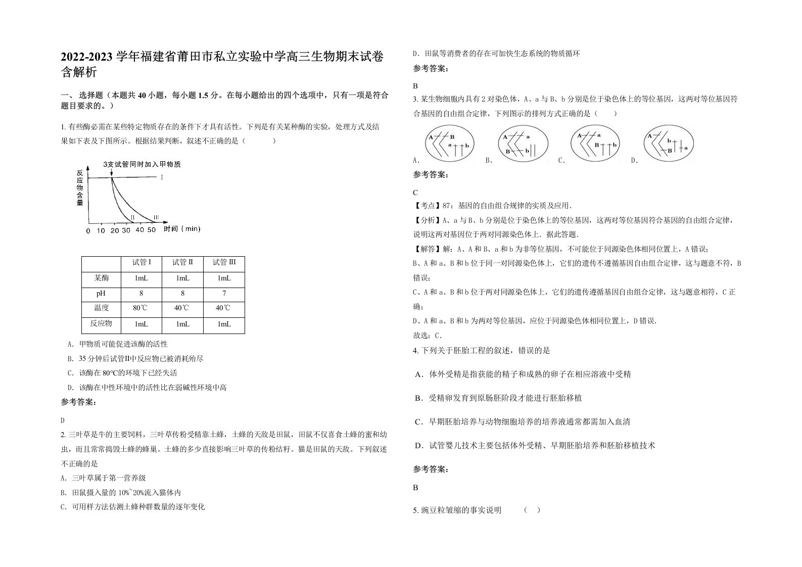 2022-2023学年福建省莆田市私立实验中学高三生物期末试卷含解析