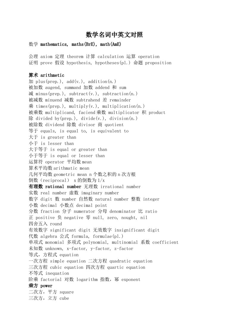 数学名词中英文对照(初中)
