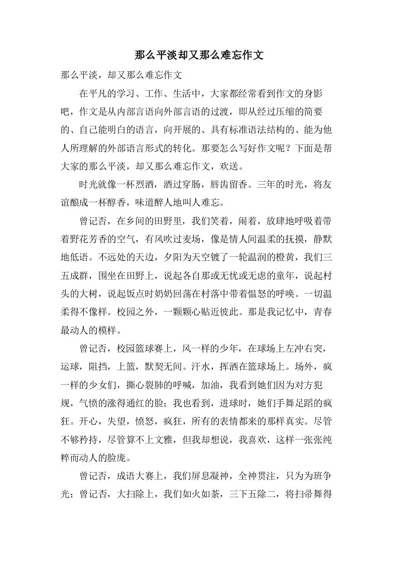 那么平淡却又那么难忘作文